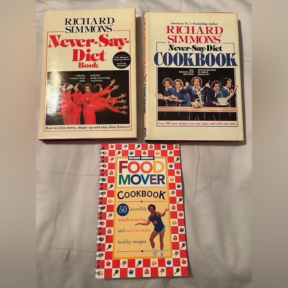 Set of 3! Richard Simmons Never-Say-Diet Book, Cookbook and Food Mover Cookbook
